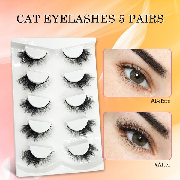

5 pairs/pack japanase cosplay cat eye faux mink lashes winged end eye elongated natural full strip false eyelashes make up wss