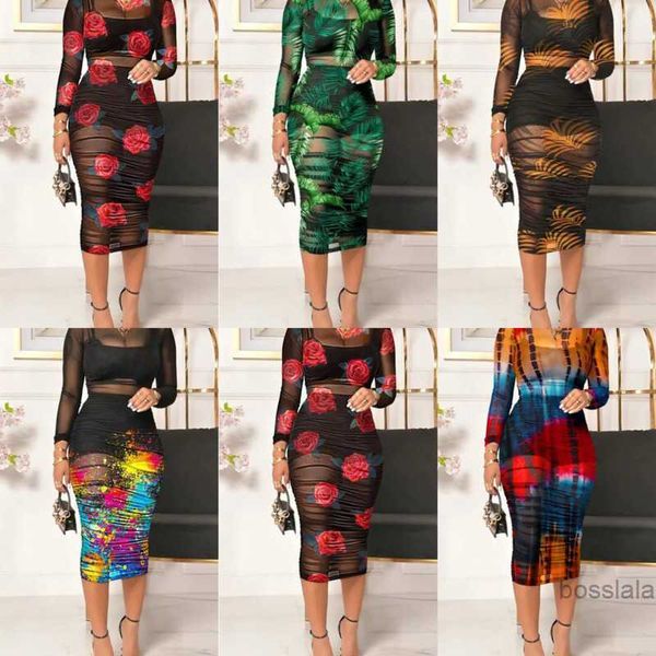 

new arrival womens designer dress 2023 summer black skirt with printed mesh medium length dresses three piece set, Black;gray