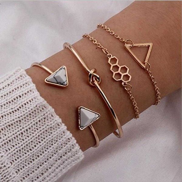 

set bracelet bohemian style knotted triangle honeycomb four piece, Golden;silver