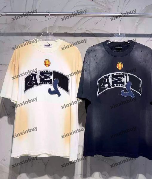 

xinxinbuy men designer tee t shirt 23ss paris jacquard letter destroyed patch short sleeve cotton women apricot blue s-2xl, Black;brown