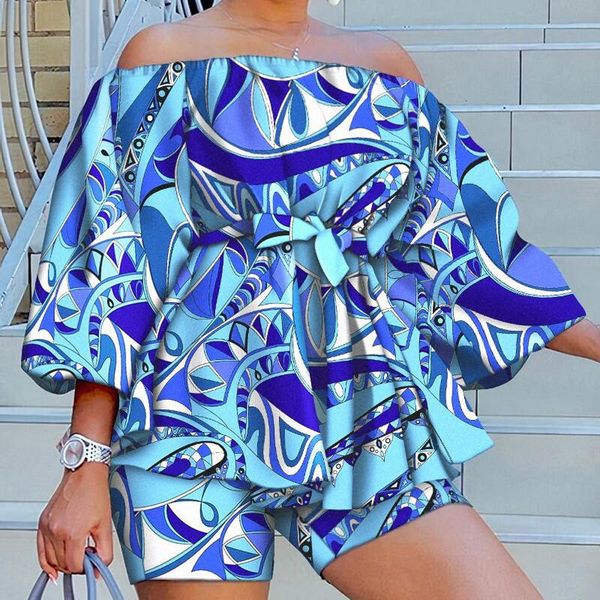 

two piece dress abstract print off shoulder belted shorts set women summer matching s ruffle maxi 2023 230510, White