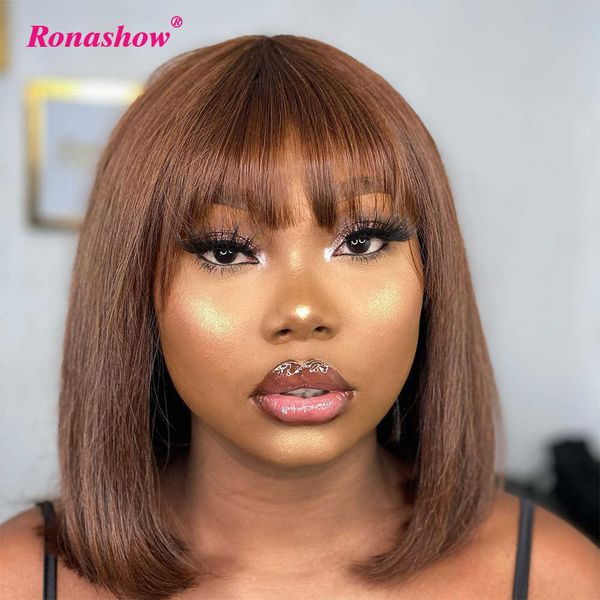 

hair wigs brown short bob human with bangs fringe for women straight remy with dark 230510, Black