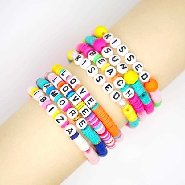 

beaded sheet strand diy fashionable stylish outfit holiday beach wind color soft pottery letter bracelet female accessories, Black