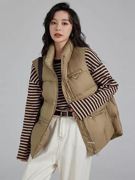 

leather korean streetwear 2023 winter sleeveless jacket casual womens pockets duck down vest female gothic parkas vintage waistcoats, Black