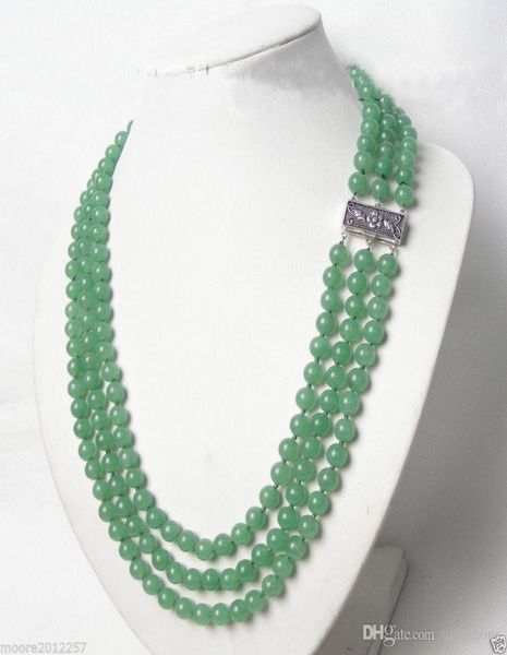 

3rows 8mm natural genuine green jade necklace 1719quot0121274568, Silver