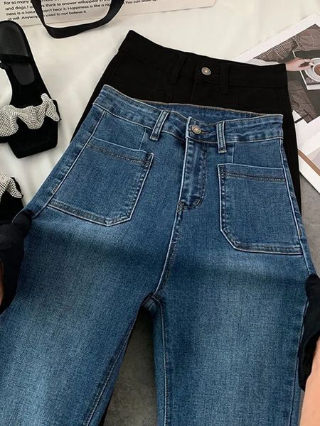 

women's jeans classic high waist flare jeans women vintage pockets stretch slim straight trousers all-match loose washed denim trousers, Blue