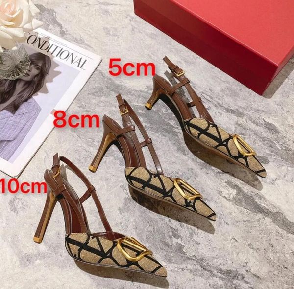 

women sandals high heel shoes genuine leather metal v buckle designer summer new pointed toe thin heels 6cm 8cm 10cm single shoes with dust, Black
