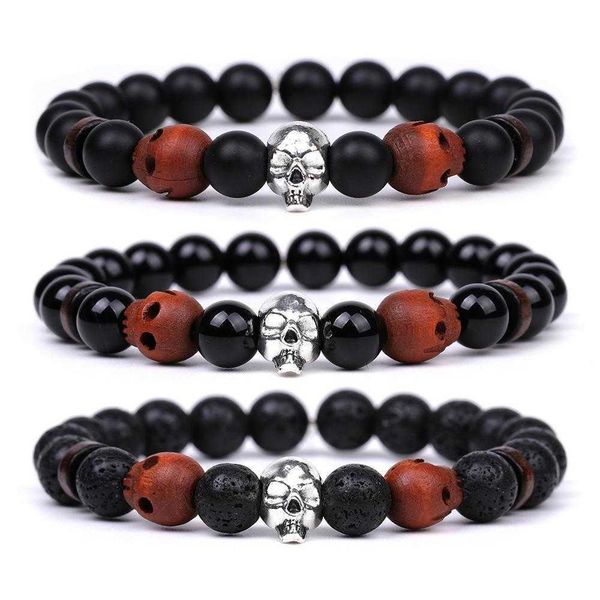 

rosewood hand link carved skull bracelet female blue white turquoise volcanic rock aromatherapy jewelry, Black