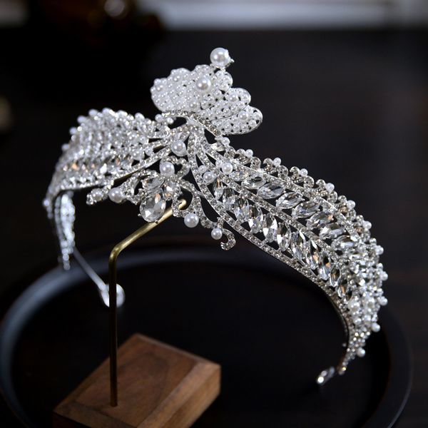 

crystals beading bridal headpieces crown tiara wedding hair accessories women handmade headband ornaments female prom headdress hairband hea, Silver
