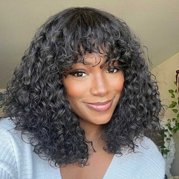 

hair wigs water wave short bob human with bangs natural brazilian remy full machine made for women 230510, Black