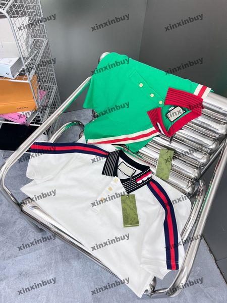 

xinxinbuy men designer tee t shirt 23ss paris letter jacquard collar shoulder ribbon short sleeve cotton women apricot blue s-xl, Black;brown