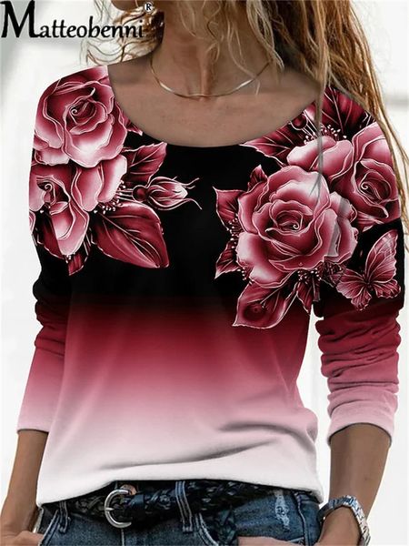 

women's tshirt 3d floral printing long sleeve casual women oneck tshirts gradient color printed loose autumn spring fashion clothes lad, White