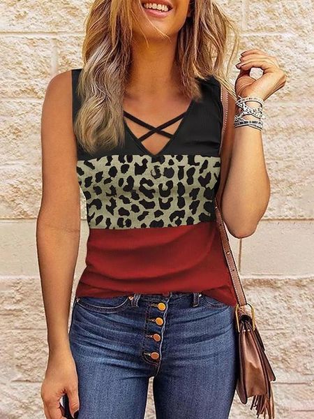 

women's tanks camis women criss-cross tank color block leopard splicing sleeveless shirts summer hollow out v neck basic tees casual c, White