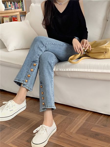 

women's jeans vintage wide leg pants women atumn spring streetwear female slim denim jeans buttons high waistladies trousers 230510, Blue