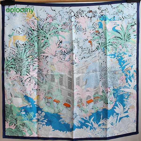 

hemres designer scarves fashion printed deep forest castle 90 twill square handmade curled mulberry silk spring summer women's versatil, Blue;gray
