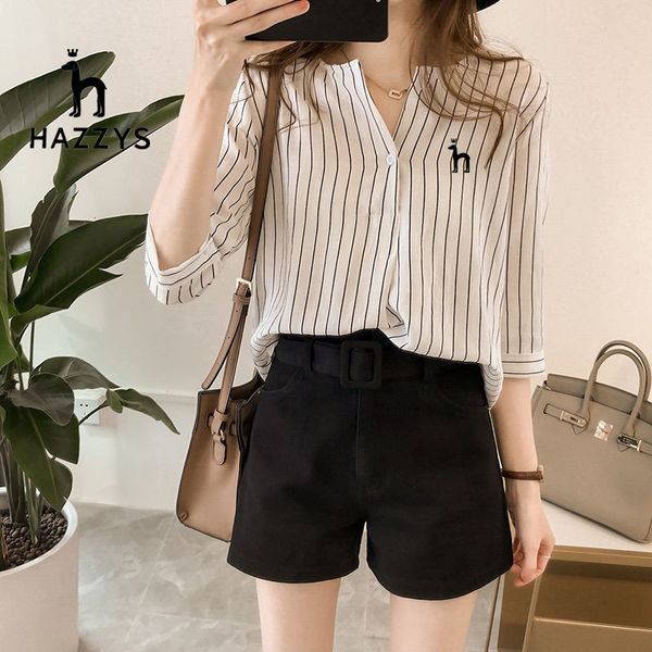 

women's tshirt embroidery hazzys summer korean fashion large round neck striped 34 sleeve loose casual women 230510, White