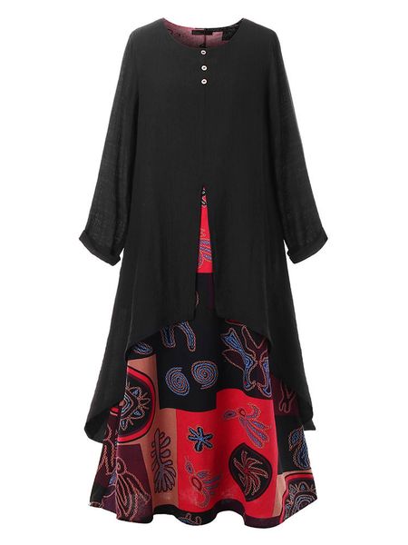 

plus size dresses 5xl size dres summer long sleeve vintage printing patchwork elegant dress cotton and linen maxi 230510, Black