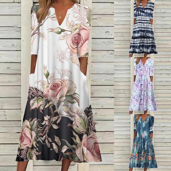

dresses casual holiday dress women's ethnic style half sleeve painting floral print v neck pocket button daily loose pullover long dres, Black;gray