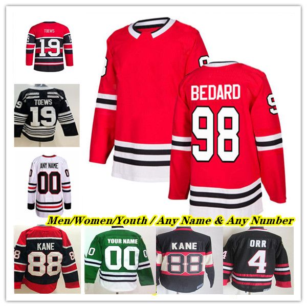 

98 connor bedard hockey jersey jonathan toews bobby hull connor murphy seth caleb jones andreas athanasiou taylor raddysh tyler johnson jaso, Black;red