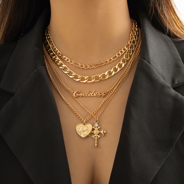 

fashion european and american retro multi-layer cross pendant collars hip hop style alphabet chain necklace female jewelry, Silver