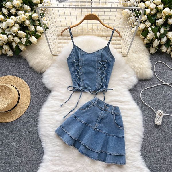 

two piece dress amolapha women sweet style jeans clothes suits spaghetti strap sleeveless short high waist denim aline skirts outfits set 23, White