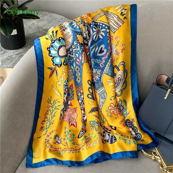 

hemres designer scarves large size tourism sunscreen shawl new imitation silk scarf women's autumn and winter printed decoration warm h, Blue;gray