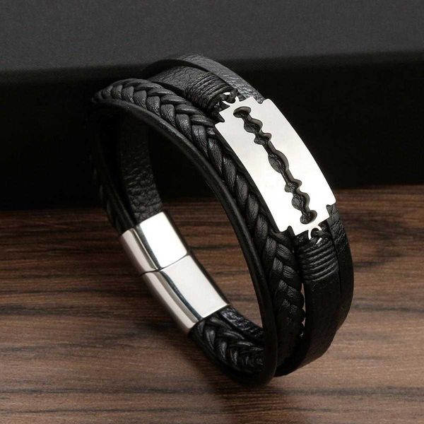 

titanium steel charm casting razor blade woven leather string bracelet stainless braided pass, Golden;silver