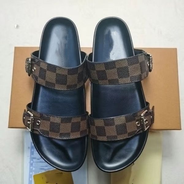 

designer leather slippers womens men sandals bom dia flat mule 1a3r5m cool effortlessly stylish slides 2 straps with adjusted gold buckles w, Black