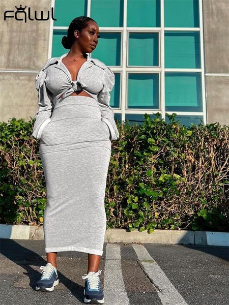 

two piece dress fqlwl winter streetwear matching sets womens 2 set skirt for long sleeve crop maxi gray skirts 230509, White