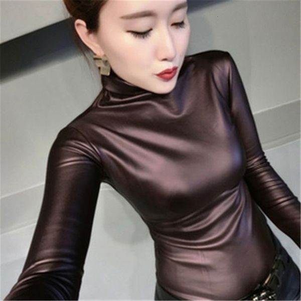 

women's blouses shirts fashion autumn women pu leather turtleneck long sleeve slim casual blouse plus size 4xl ladies pz1053 230510, White