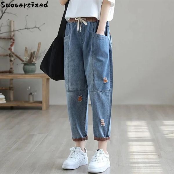 

jeans ripped splice baggy anklelength harem jeans women elastic high waist denim pant casual vaqueros blue trousers korean pantalones