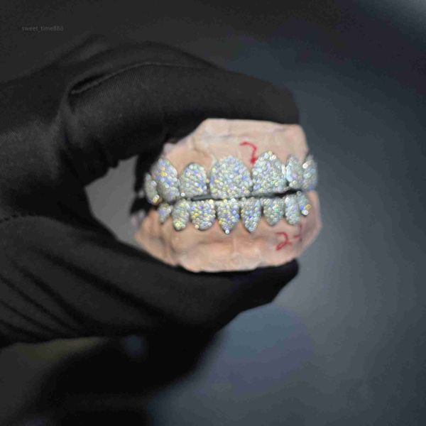 

sparkle custom made hip hop iced out 925 sterling silver grills gold jewelry zigzag setting vvs moissanite teeth mouth grillz