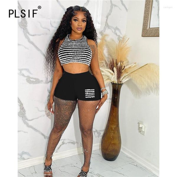 

women's tracksuits young ladies summer sleeveless round neck fashion temperament slim striped casual women's shorts suit, Gray