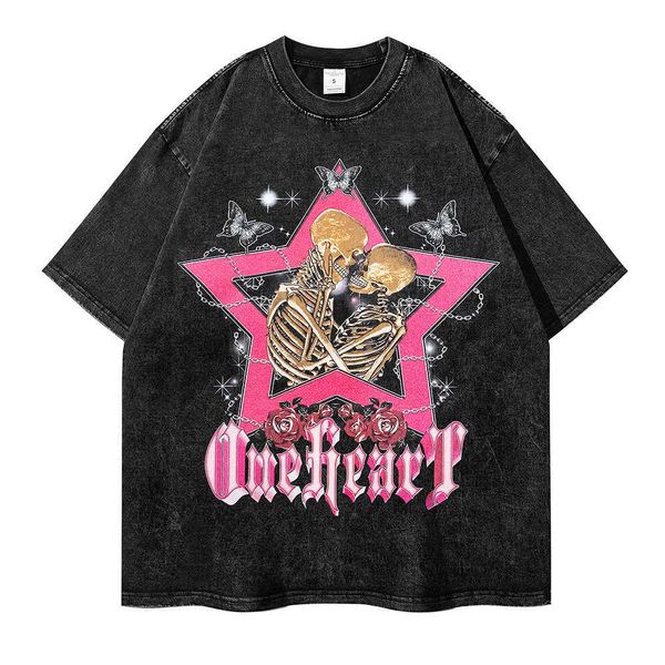 

skull print trendy brand t-shirt washed in summer, old high street vintage, men and women loose couple half sleevevmh1vmh1, White;black