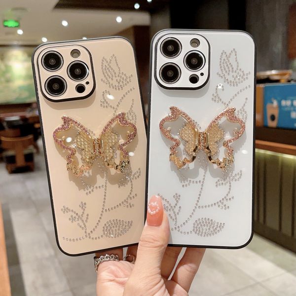 

cute metal butterfly bracket phone case for iphone 14 13 12 11 pro max 14pro lovely shockproof funda plating stand holder cover