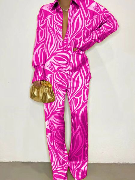 

women's two piece pant's elegant print satin matching 2 set 2023 autumn casual long sleeve shirt pants suit sets female loose out, White