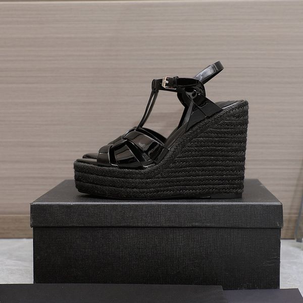 

wedges women sandals platform open toe ankle strap super high heel dress women woven genuine leather platform pumps shoes mujer, Black