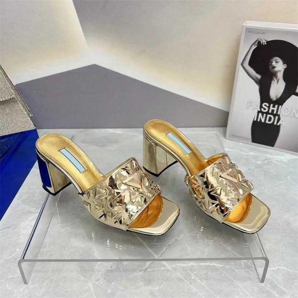 

medium thick heel womens slippers sandals classic triangle metal buckle gold sliver high heels dress shoes luxury designer mule street style, Black