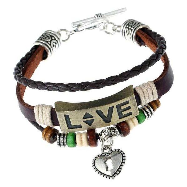 

punk handmade beaded cattle strands leather bracelet alloy couple love genuine ornament, Black