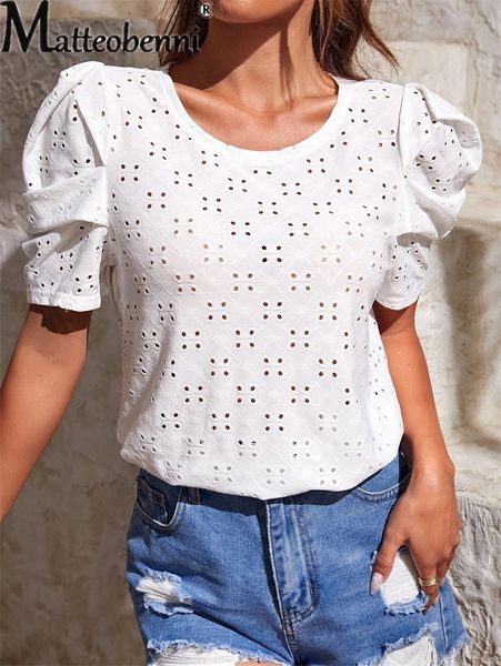 

women's tshirt summer hollow out breathable sweet style female bubble sleeve o neck pullover #039;s solid color jacquard tees 230510, White