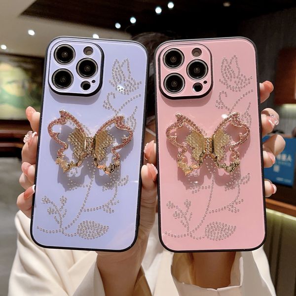 

fashion cute metal butterfly bracket phone case for iphone 14 13 12 11 pro max 14pro lovely shockproof funda plating stand holder cover