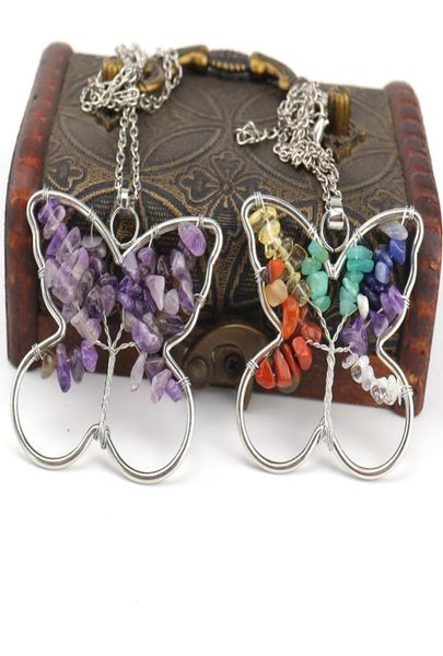 

butterfly pendant necklaces women handmade natural stone life of tree crystal quartz amethyst agate chakra reiki healing gemstone 4800557, Silver