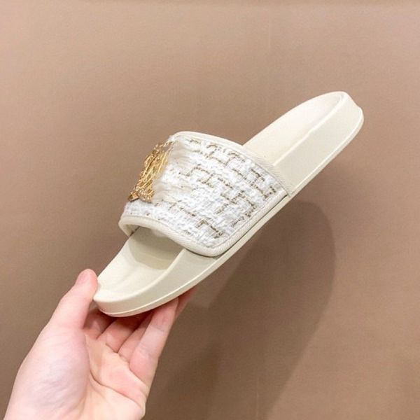 

new designer women golden edge sandal flat knitting slipper fashion thick summer heel slippers slides flip flops mule womens daily commuting, Black