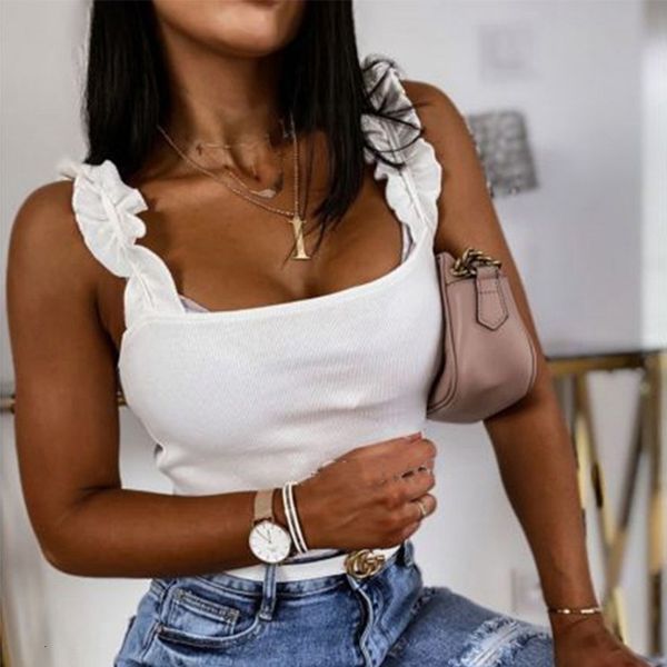 

womens tanks camis tank square collar solid knit casual basic summer ribbed slim ruffles 230510, White