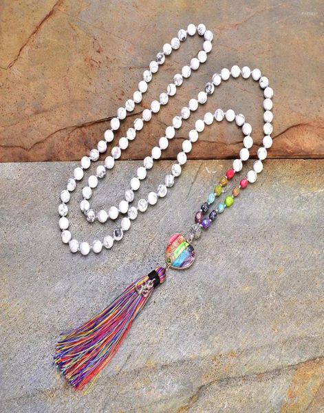 

pendant necklaces rainbow natural stones chakra heartshaped om charm tassel necklace women 108 mala rosary knotted jewelry9637175, Silver