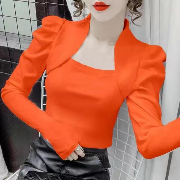 

t-shirt women's spring autumn style shirt women's solid color long sleeve square collar temperament slim dd6636, White