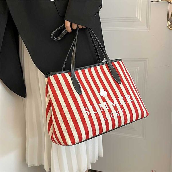 

16% off 2023 handbag canvas stripe contrast shoulder new high capacity fashion trend handbag daily travel tote bag