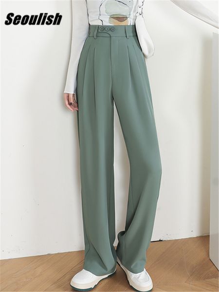 

women's pants capris seoulish green wide leg women's pants spring autumn high waist button female elegant minimalism office work t, Black;white