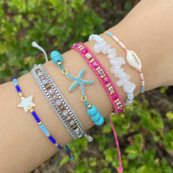

ornament bohemian woven bracelet natural stone starfish pentagram, Golden;silver