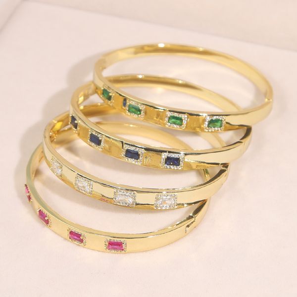 

gold pleated rainbow bracelet for women girl colorful inlaid bling cz square crystal bangle trendy 60mm jewelry gift engagement, Golden;silver